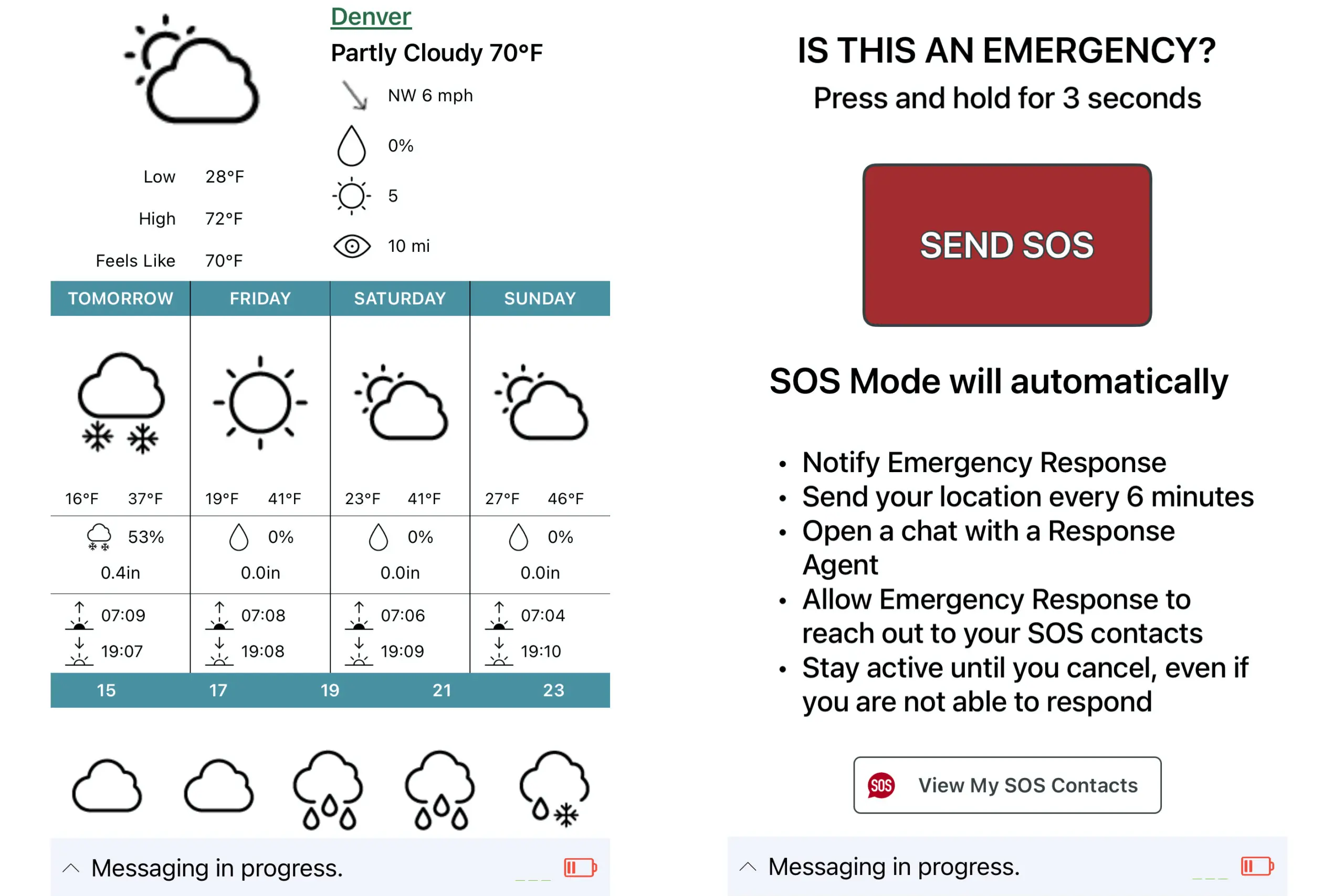 ZOLEO weather and SOS screenshots