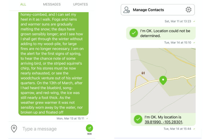 ZOELO app screenshots messaging and location share+