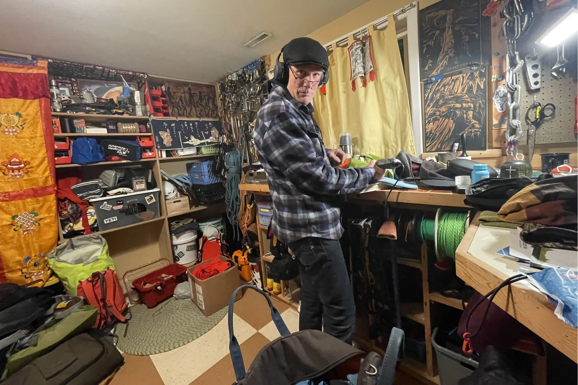 Conrad Anker in his gear room