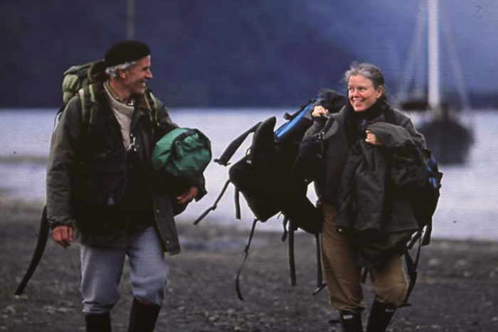 Kris and Doug Tompkins holding gear