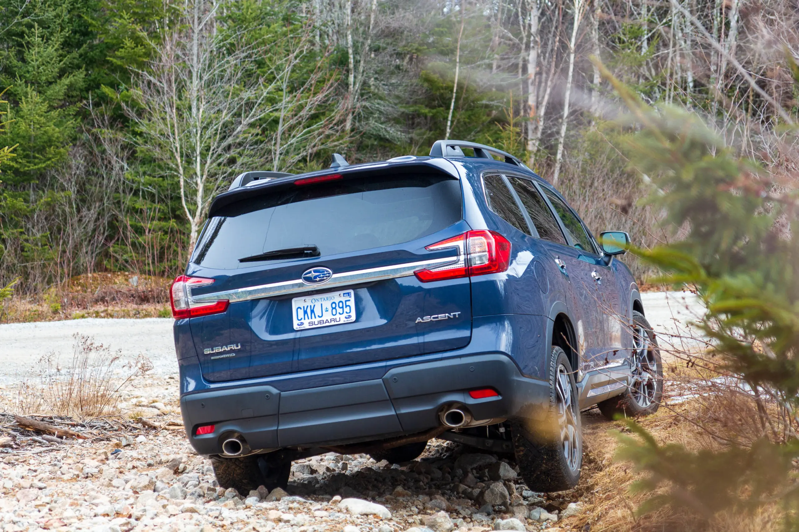 2023 Subaru Ascent Review rear three-quarter view off-road with rear wheel off ground