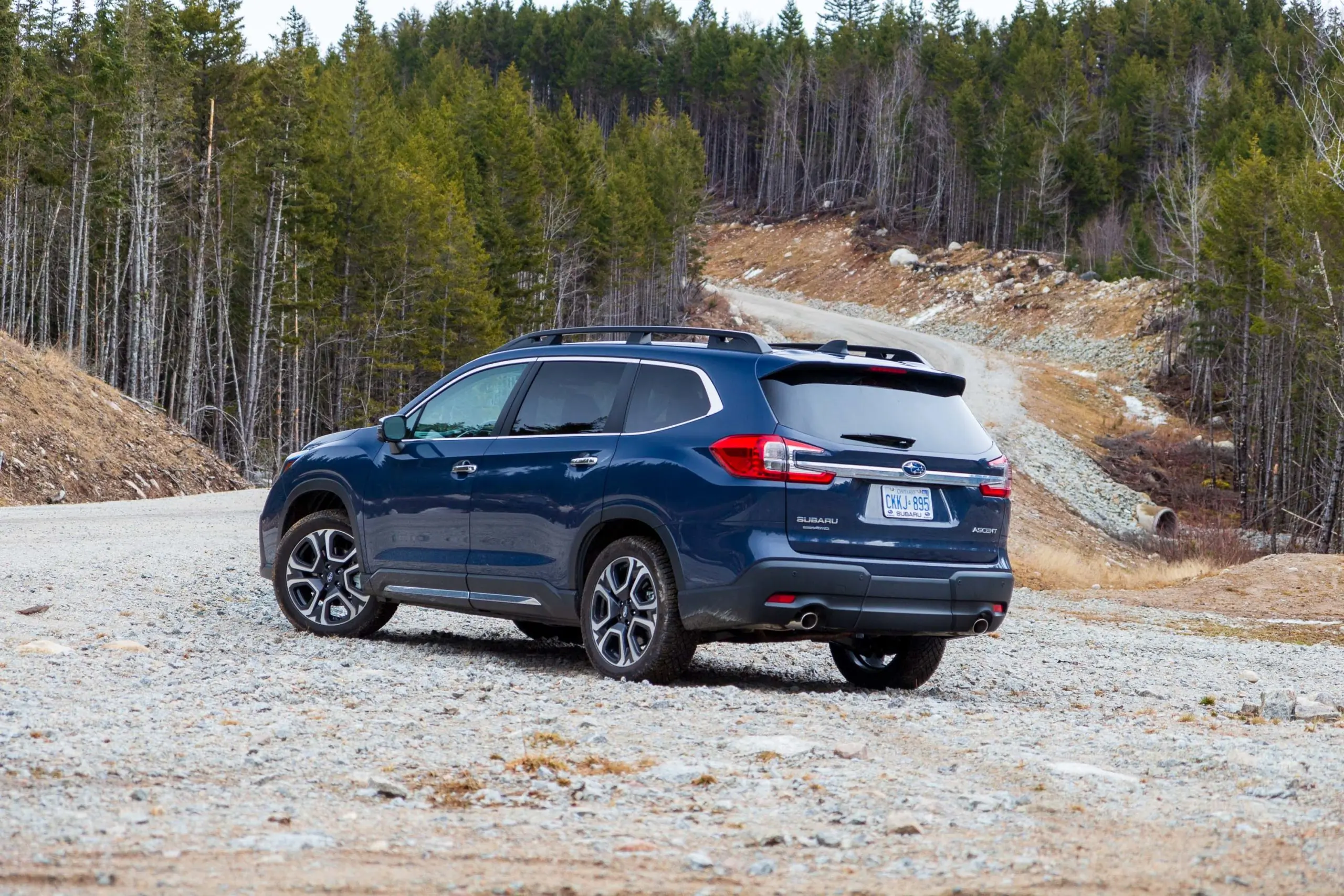 2023 Subaru Ascent Review exterior rear three-quarter view on off-road trail