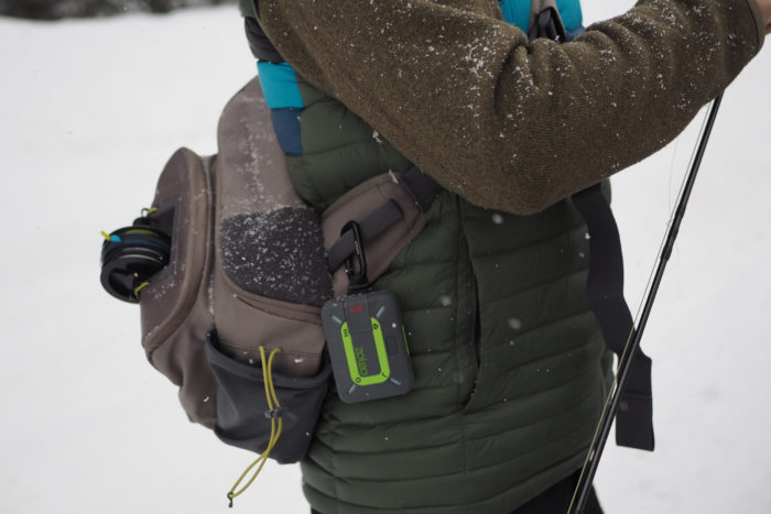 zoleo satellite communicator clipped to fishing bag