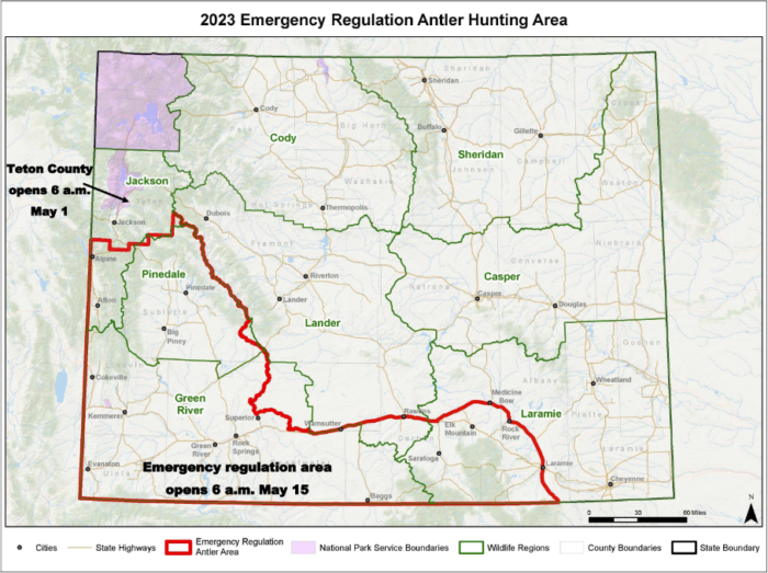 a map of where in Wyoming Elk shed hunting has been delayed.