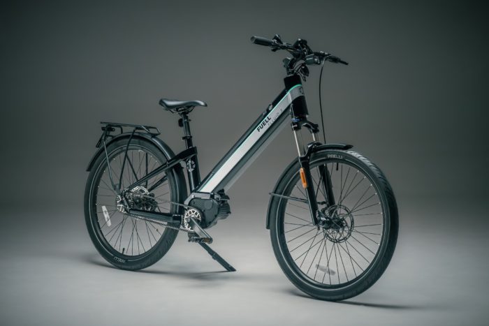 a step-through e-bike in profile