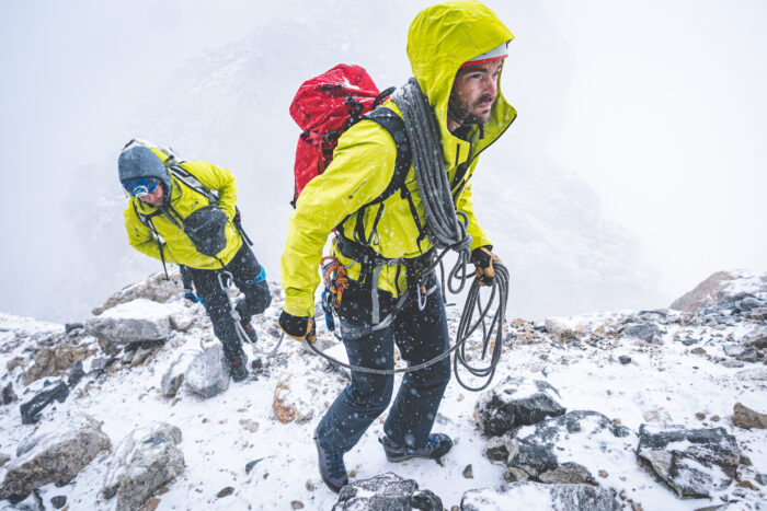 Near the summit of the Grand Teton in the Mountain Hardwear Dawnlight Jacket.