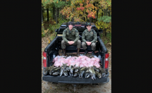 michigan wildlife officials with confiscated salmon in the back of a pickup truck
