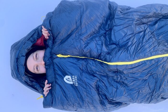 Editor Mary murphy in the sierra designs sleeping bag