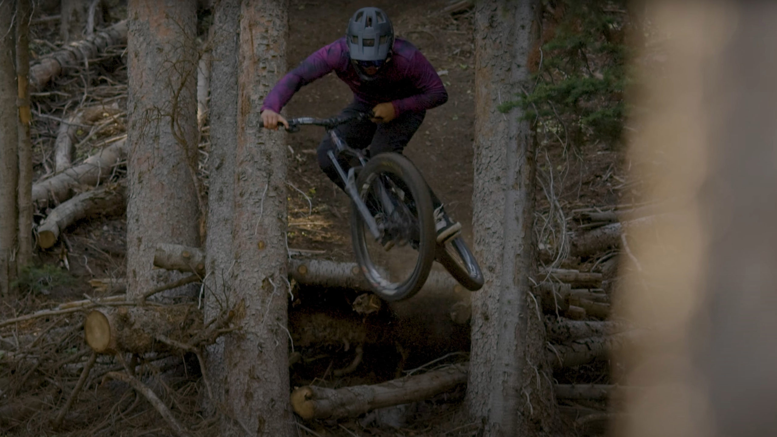 a rider in a purple jersey jumps some logs