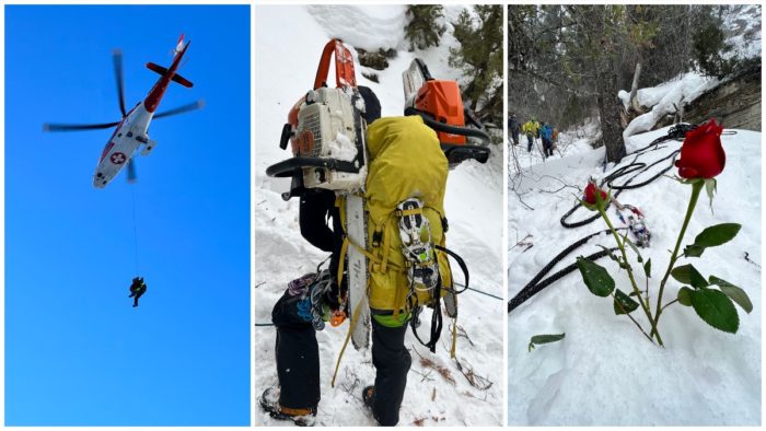 a helicopter rescue, SAR operator's backpack with chainsaws, and roses placed among ice climbing gear