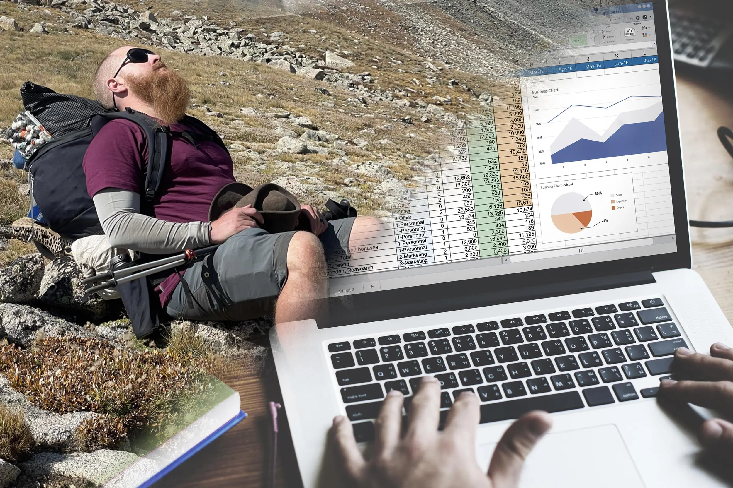 a split screen image with a man sitting down on the trail in the left hand corner and a computer open to a spreadsheet in the righthand corner