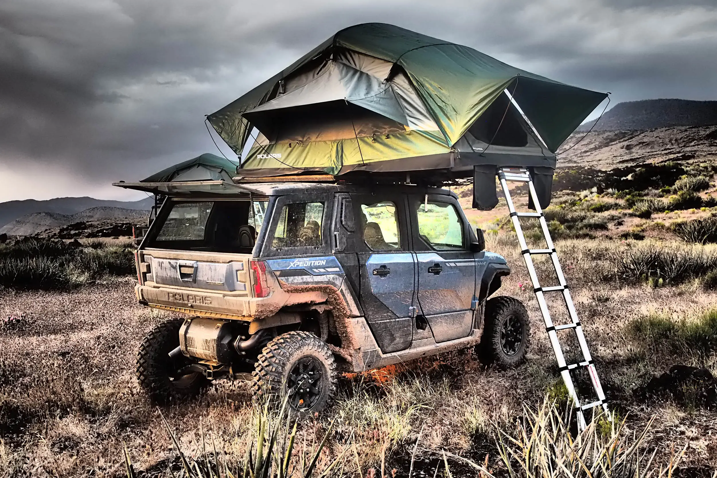 2024 polaris xpedition adv 5 northstar outfitted with roofrack, rooftop tent