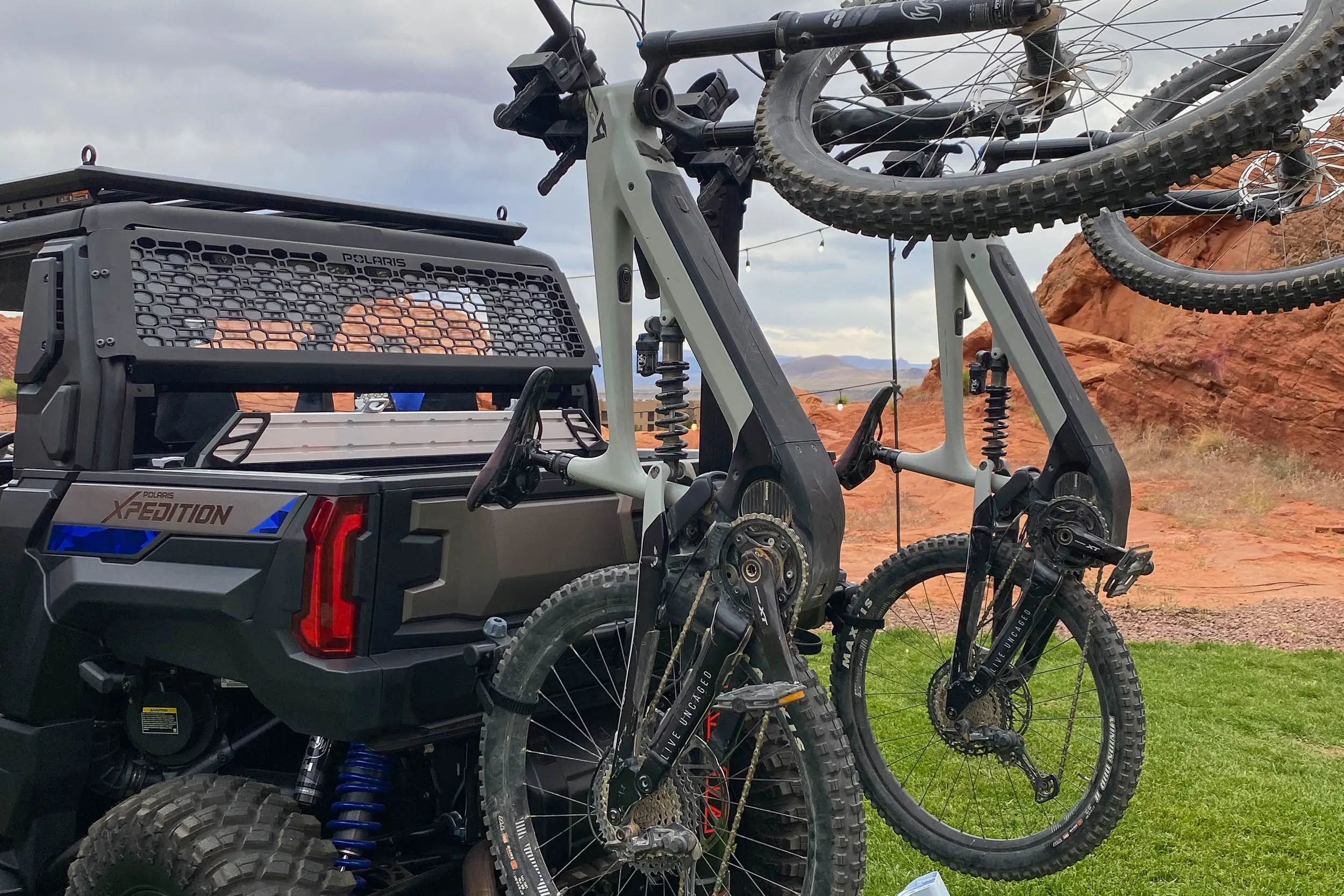 polaris xpedition xp 2 outfitted with hitch mounted bike rack