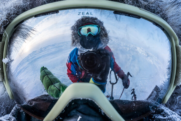 eric larsen selfie reflection through snow goggles