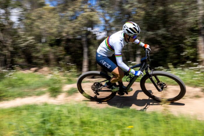 Ferrand-Prévot catches a shallow berm on a dogma xc