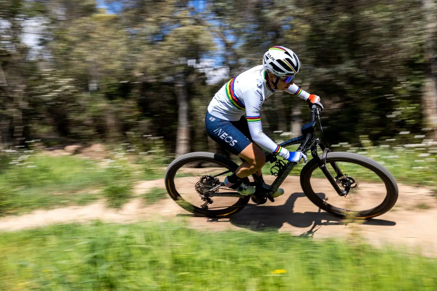 Ferrand-Prévot catches a shallow berm on a dogma xc