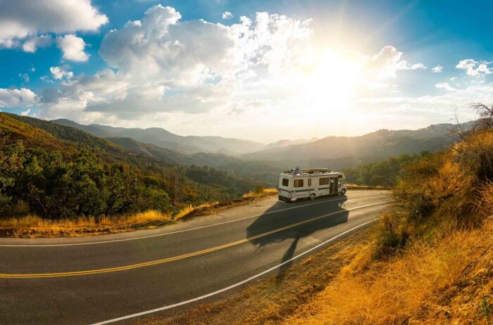 van driving through the mountains
