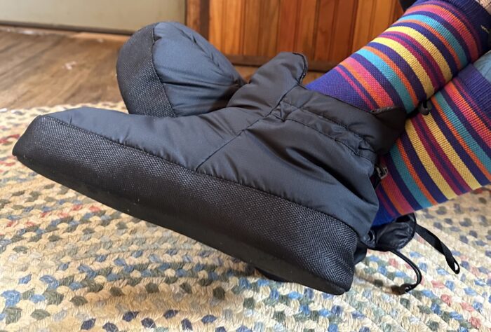 Wearing the Big Agnes Full Moon booties in a winter cabin (no heat).
