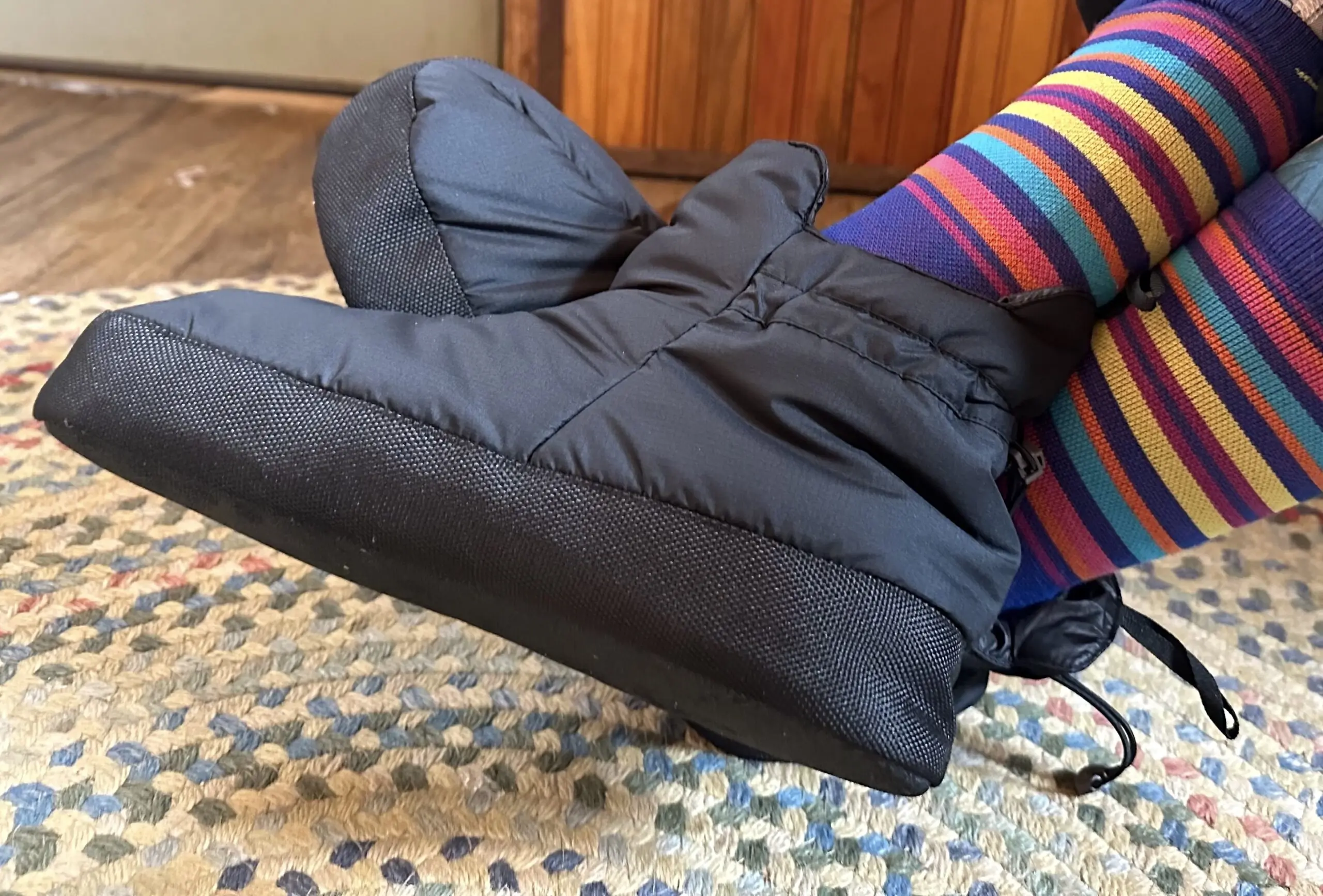 Wearing the Big Agnes Full Moon booties in a winter cabin (no heat).