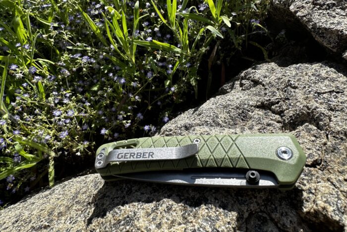 gerber gear zilch knife on a rock outside