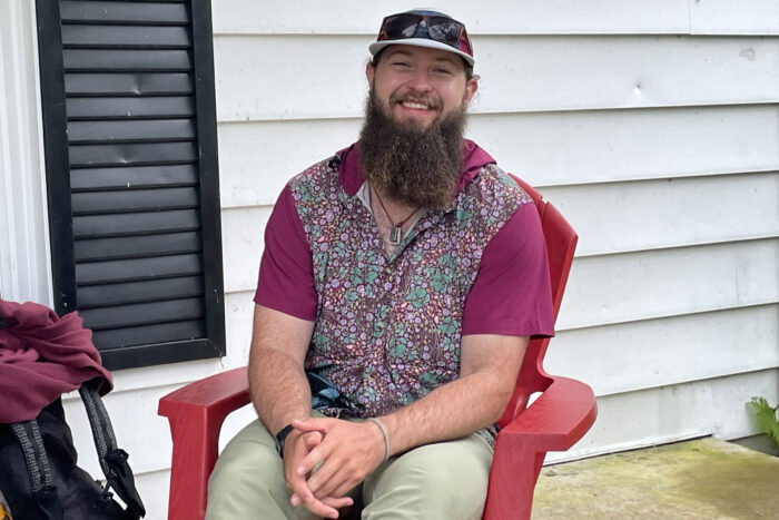 Interviewing Jolly on the porch at the Appalachian Trail Days Festival.