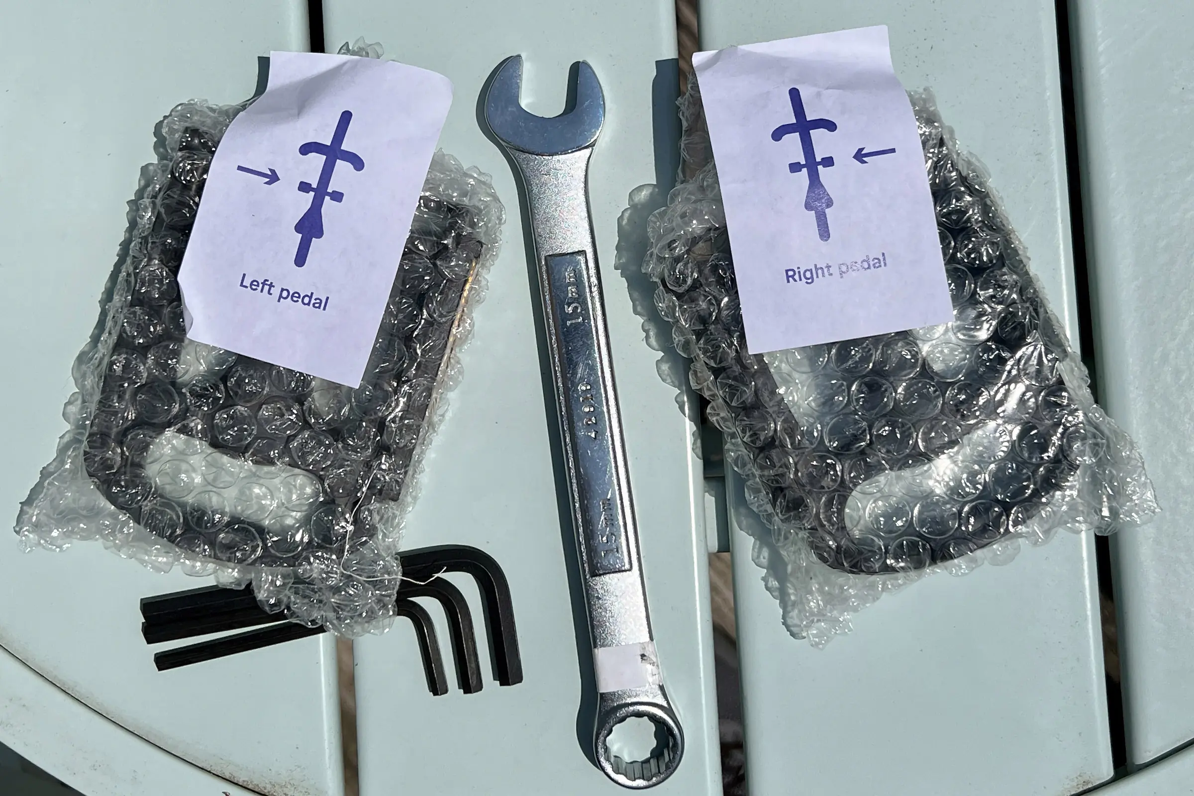 Upway provided all tools required, including the wrenches to install these pedals on the used e-bike.