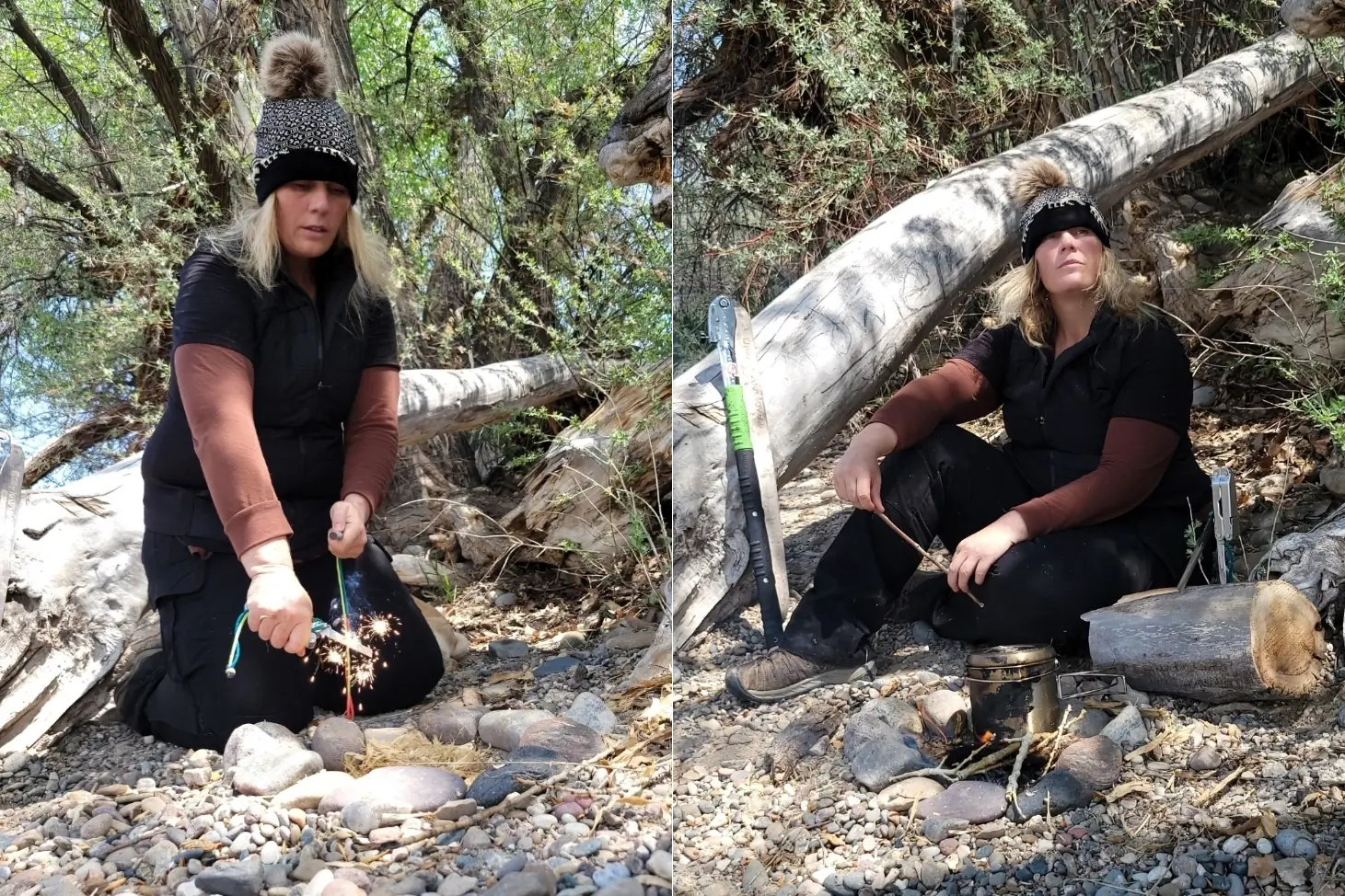 Alone Jodi Rose using a ferro rod to start a campfire