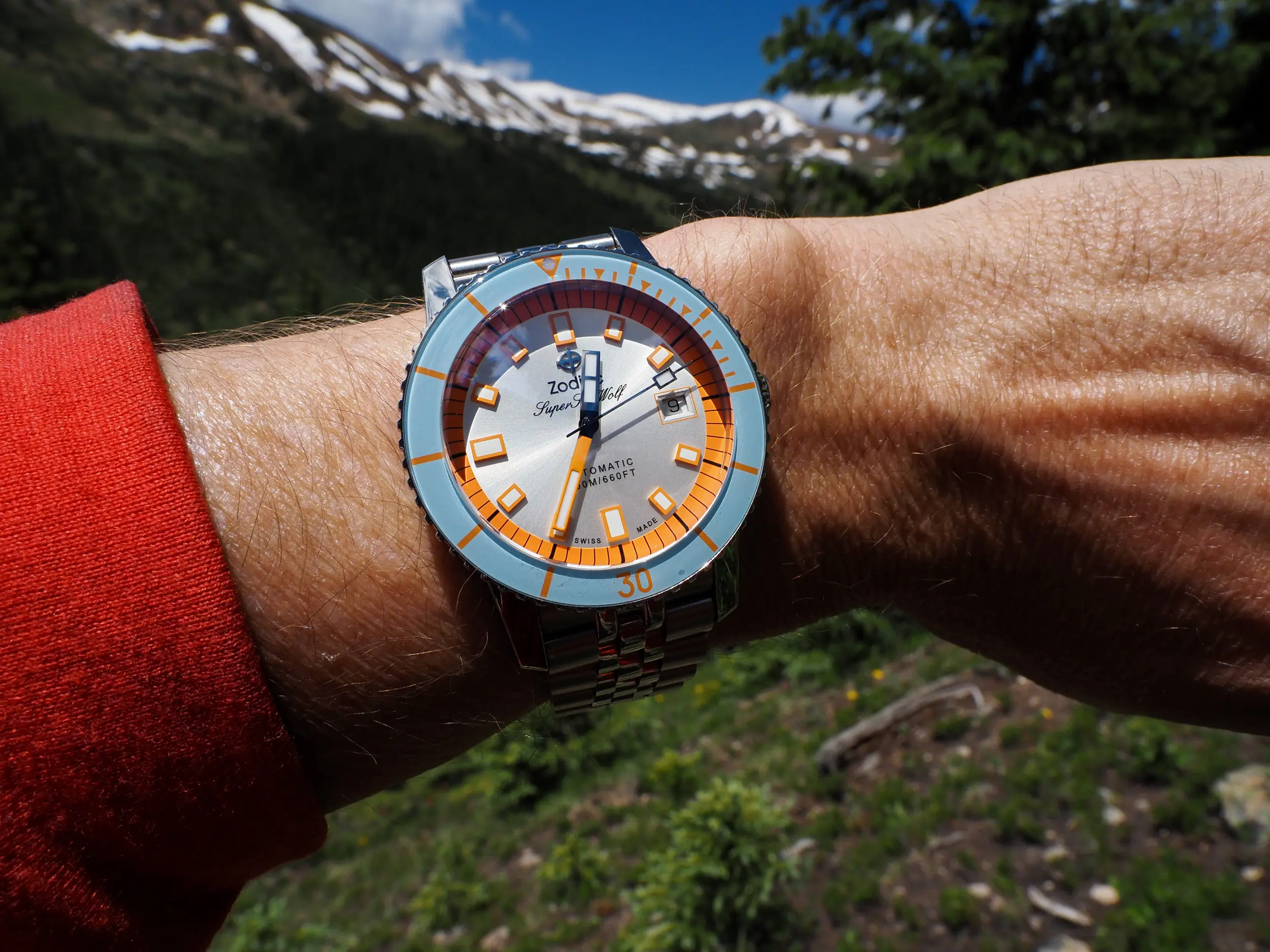 Zodiac Super Sea Wolf watch on wrist in mountains