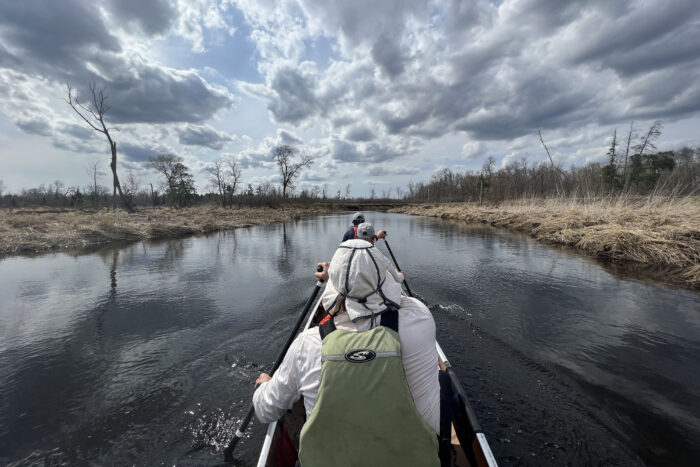 a team paddles on a river