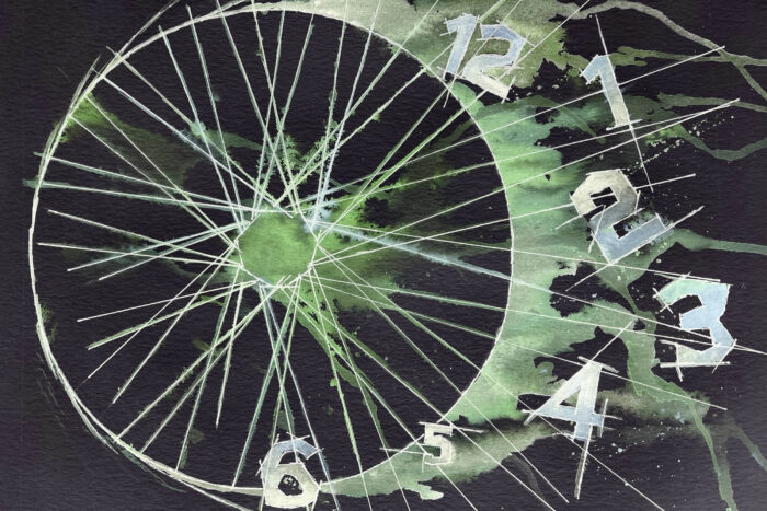 an illustration showing a clock that is also a bicycle wheel
