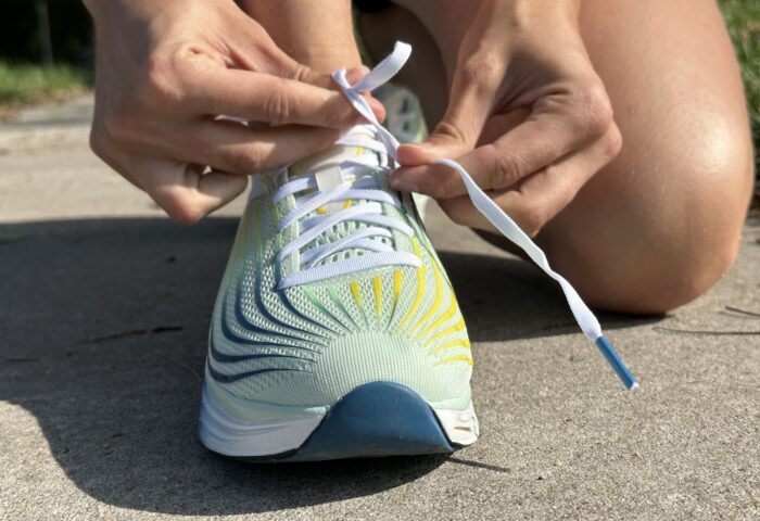 the author tying up the laces on the Vimazi Z40