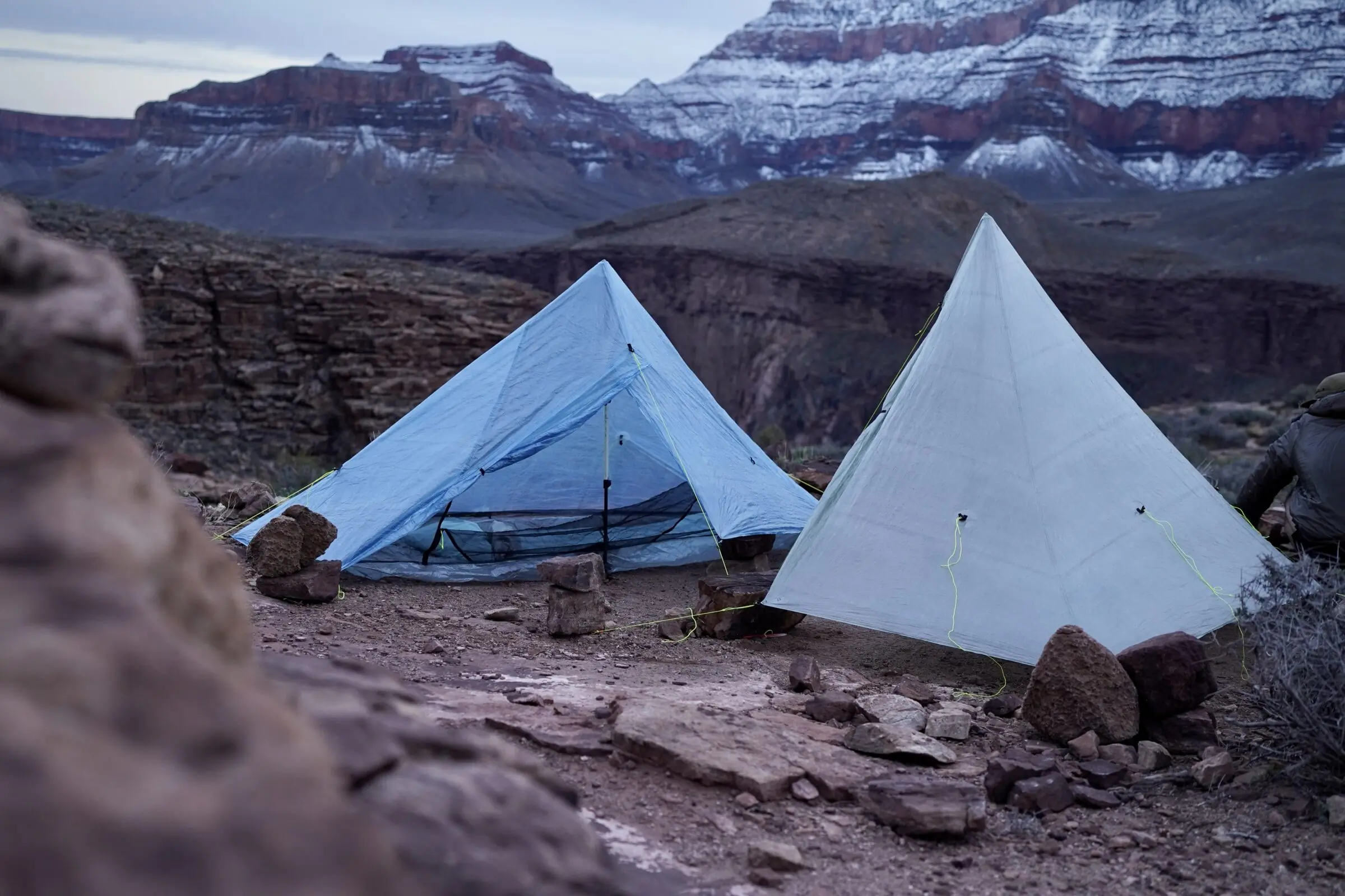 Two backpacking tents set up in the Grand Canyon