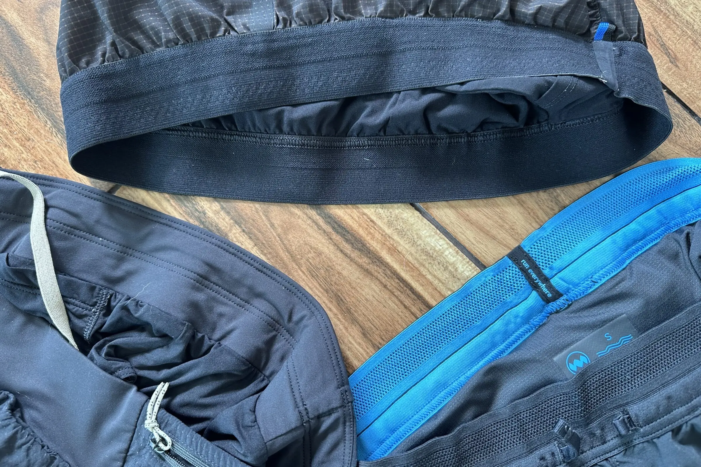 A closeup image of the waistbands of running shorts.