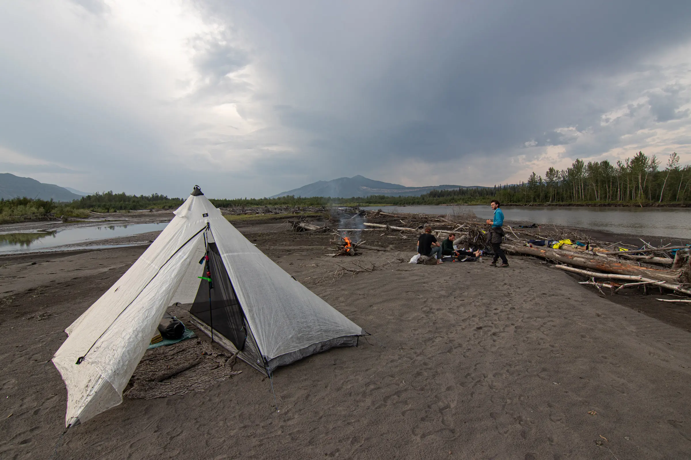 Hyperlite Ultamid 4 Ultralight Tent with half insert on sand bar during packraft portion of trip, Nahanni National Park