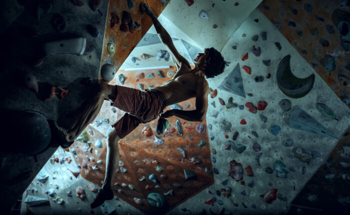 bouldering in climbing gym