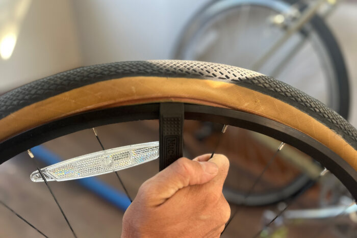tire lever on a bike tire