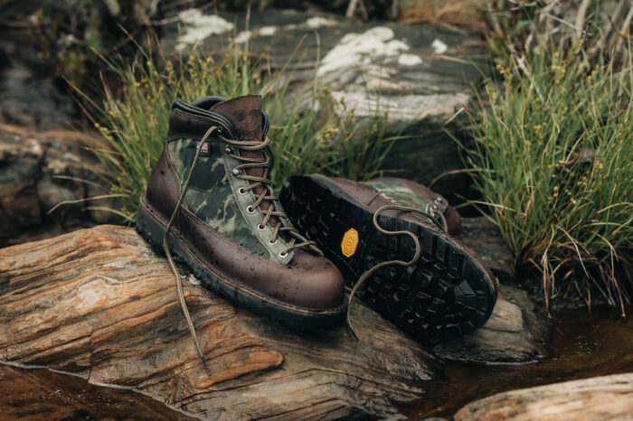 dannerx taylor stitch boots on log by pond