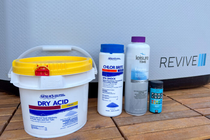 common and inexpensive pool chemicals and test strips used to maintain the cold plunge