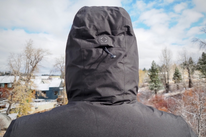 A rear view of the insulated hood on the Patagonia Stormshadow Parka.