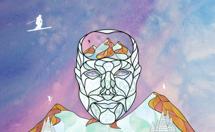 pastel color artwork of a geometric face with skiers and mountains intertwined
