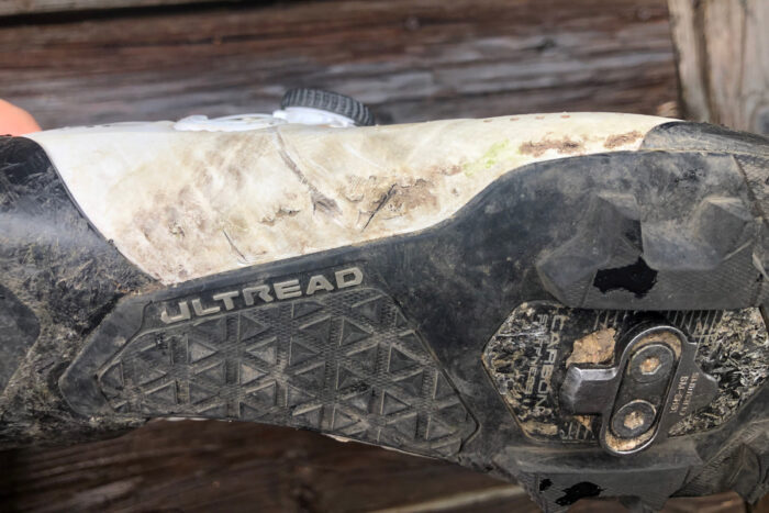 Shimano S-Phyre XC902 shoes showcasing damage in the exterior after a test ride