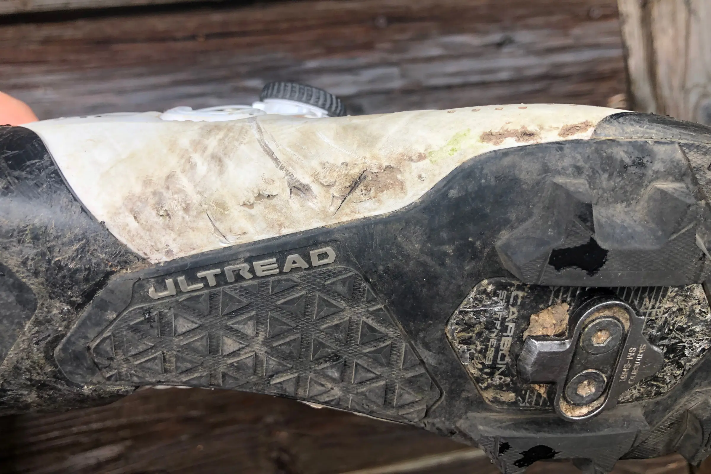 Shimano S-Phyre XC902 shoes showcasing damage in the exterior after a test ride