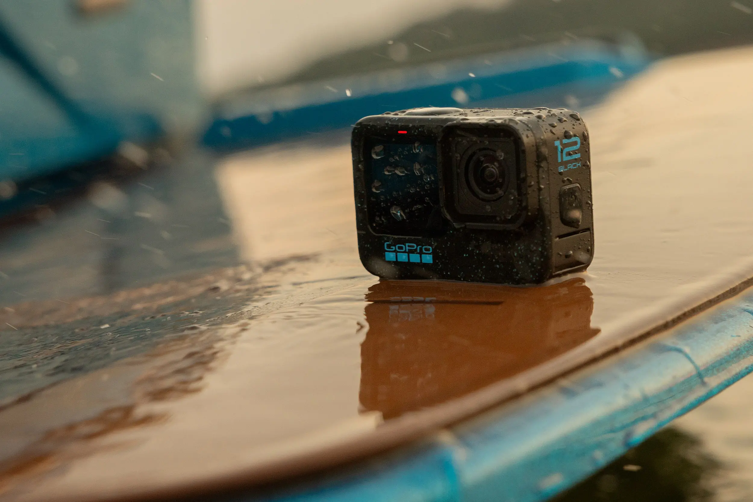 The GoPro HERO12 Black on a surfboard