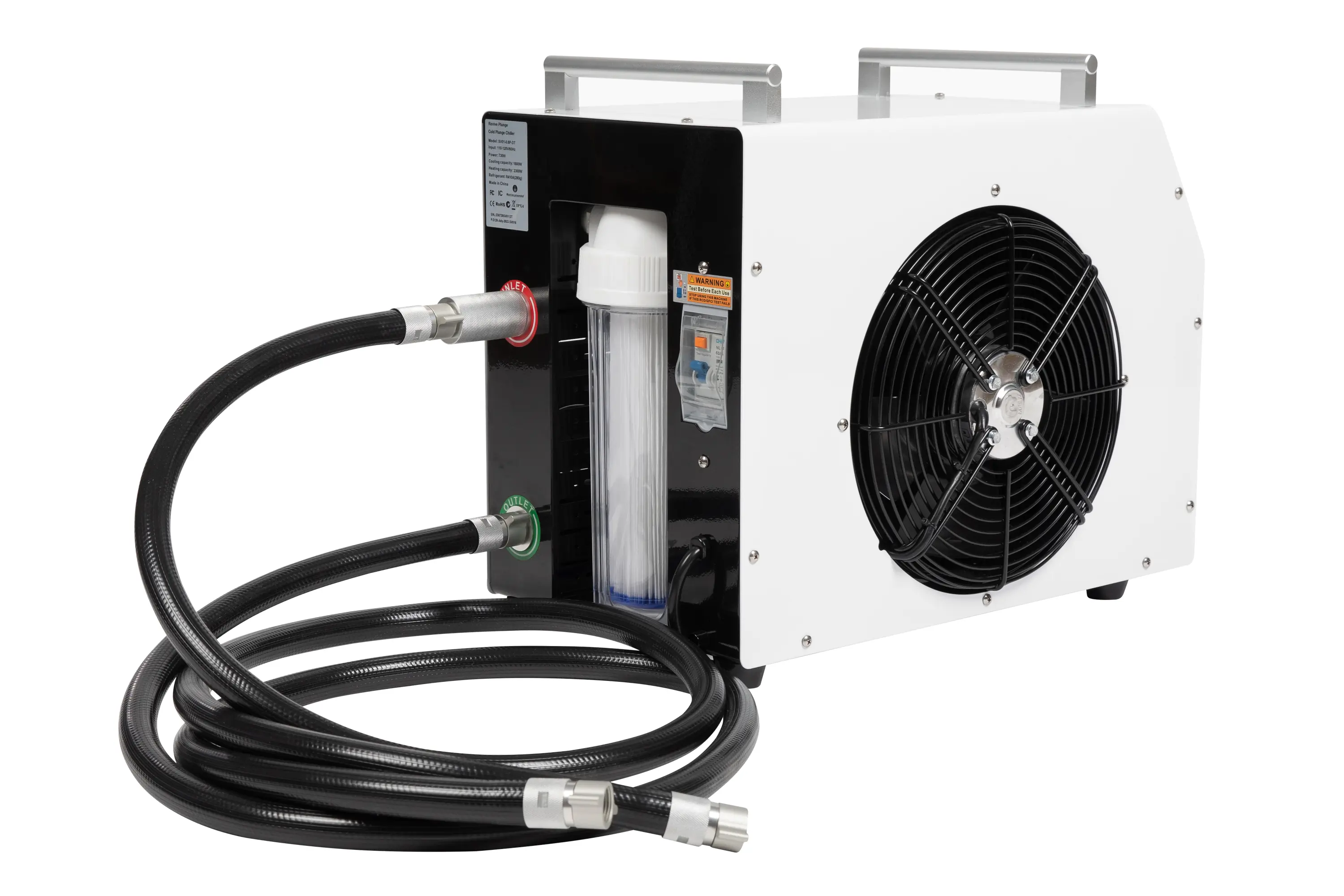 Rear of the Revive Plunge Chiller showing filter housing and hose connections