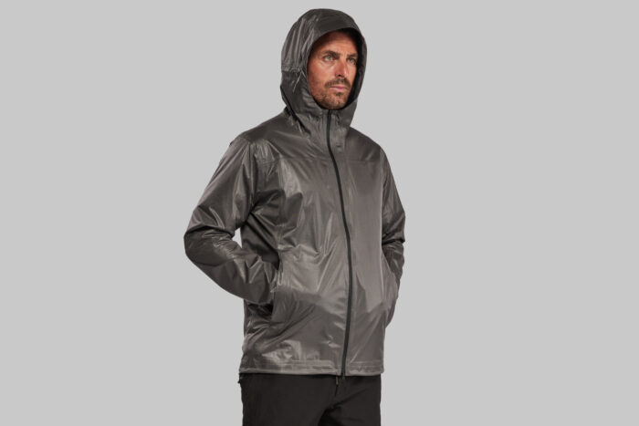 male model wearing vollebak graphene rain jacket