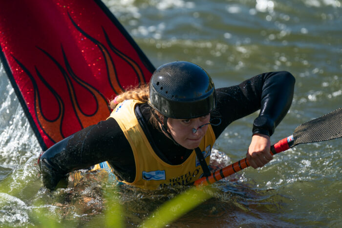Ottilie Robinson-Shaw (GBR) showing off her surface tricks during the Women’s Squirt Boat competition