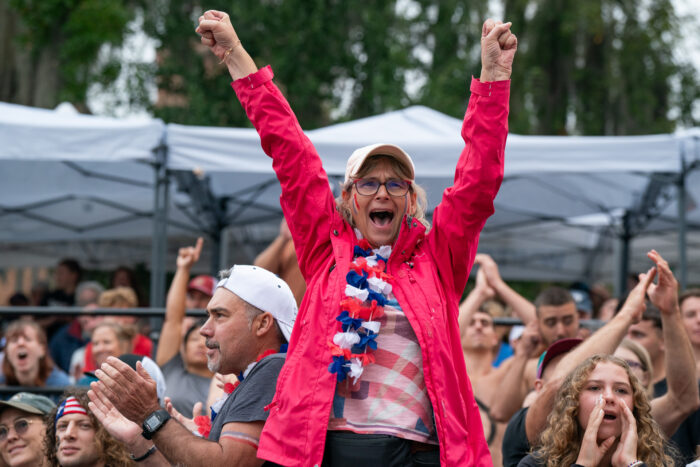 Vallerie Dolle cheering on her son Tom Dolle (FRA) as he wins the bronze in the Men’s K1 Competition