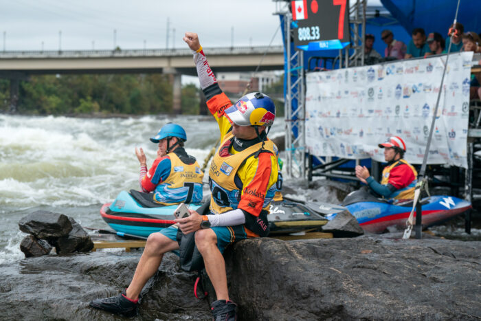 The senior men cheering each other on in the semifinal round of the K1 Men’s Competition. From left to right: Tom Dolle (FRA), Dane Jackson (USA), Mason Hargrove (USA)