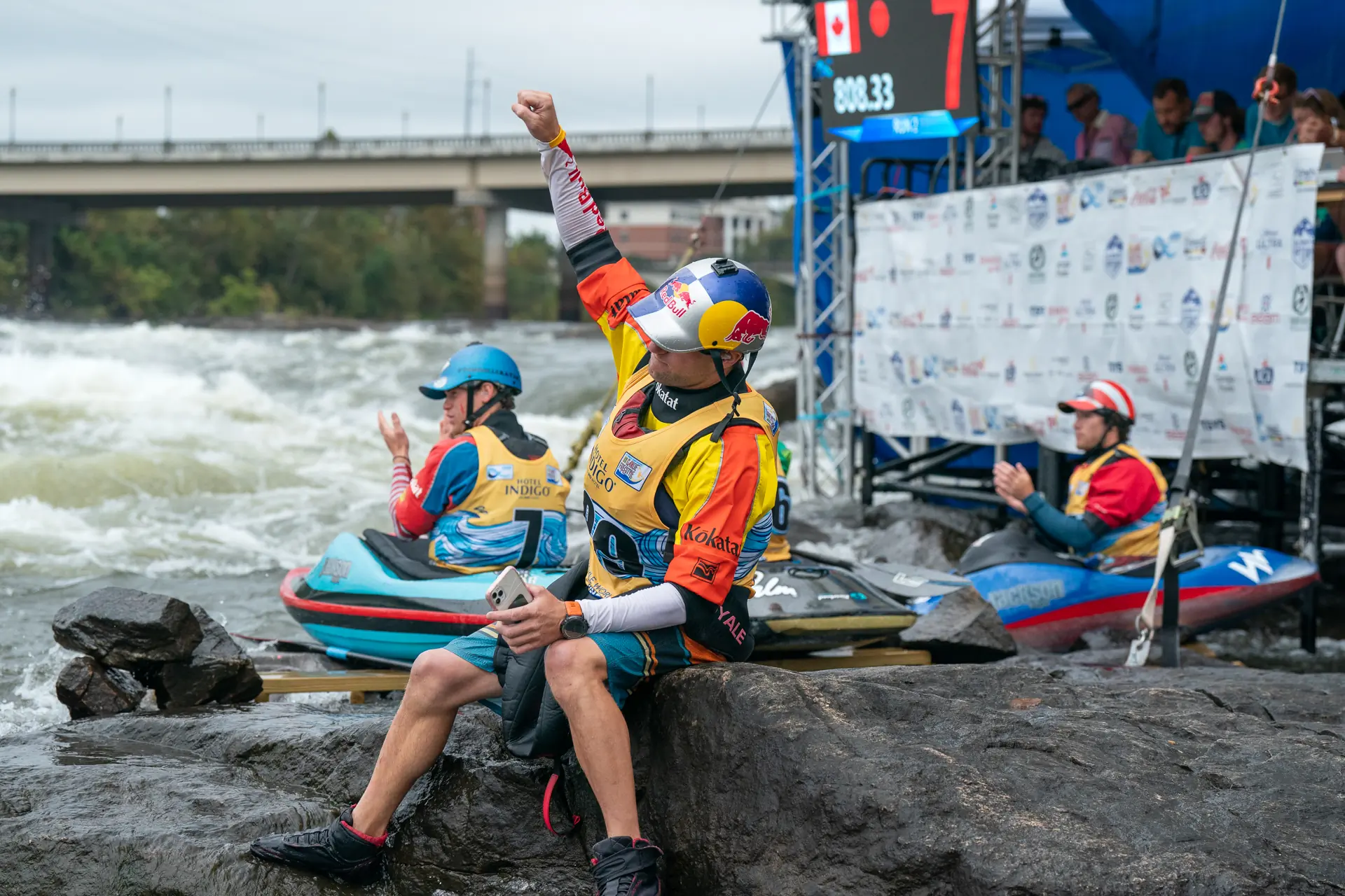 The senior men cheering each other on in the semifinal round of the K1 Men’s Competition. From left to right: Tom Dolle (FRA), Dane Jackson (USA), Mason Hargrove (USA)