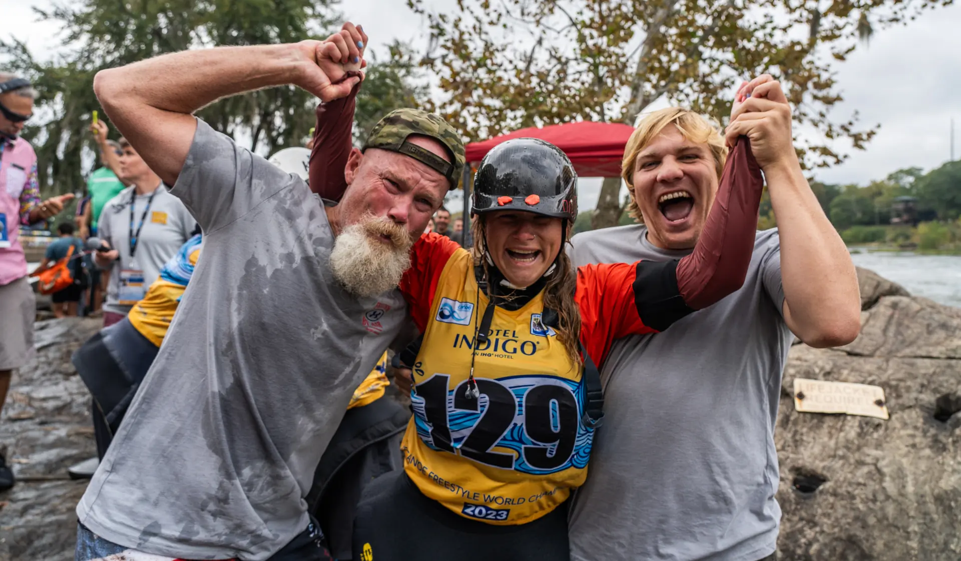 Sage Donnelley (USA) celebrating her winning ride with her dad and boyfriend